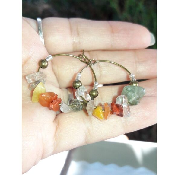 boho earrings 374#mfs Agate gemstone hoop earrings and Quartz gemstone chip mix - Picture 5 of 5